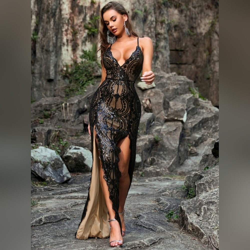 High Split Sequin Cami Formal Dress